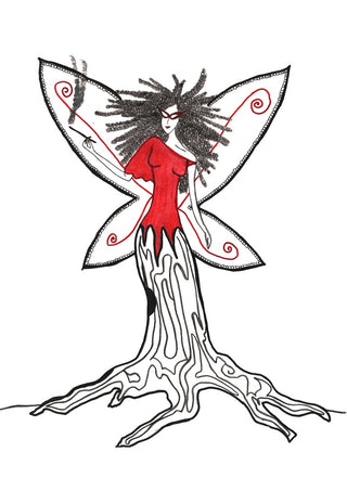 Freedom fairy by A Sleepy Spirit Art - a fairy in a red top with tree roots for a skirt, drawn in black ink