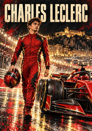 Charles Leclerc by Danii Steinfeldt - Charles Leclerc walking a wet Monaco track beside his red car