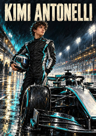 Kimi Antonelli by Danii Steinfeldt - Kimi Antonelli on a wet pit lane beside a black and teal car