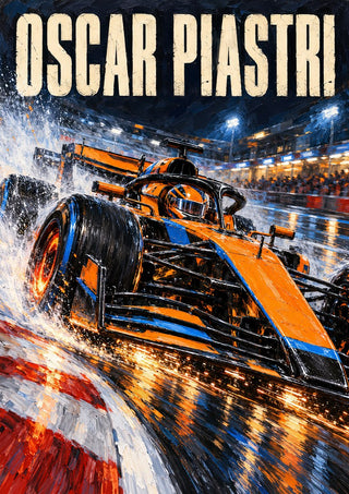 Oscar Piastri by Danii Steinfeldt - an orange McLaren through standing water under floodlights