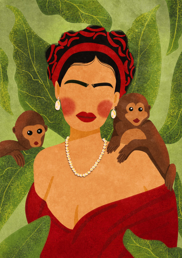 Illustration of a woman in red with two monkeys on her shoulders, set against large green leaves.