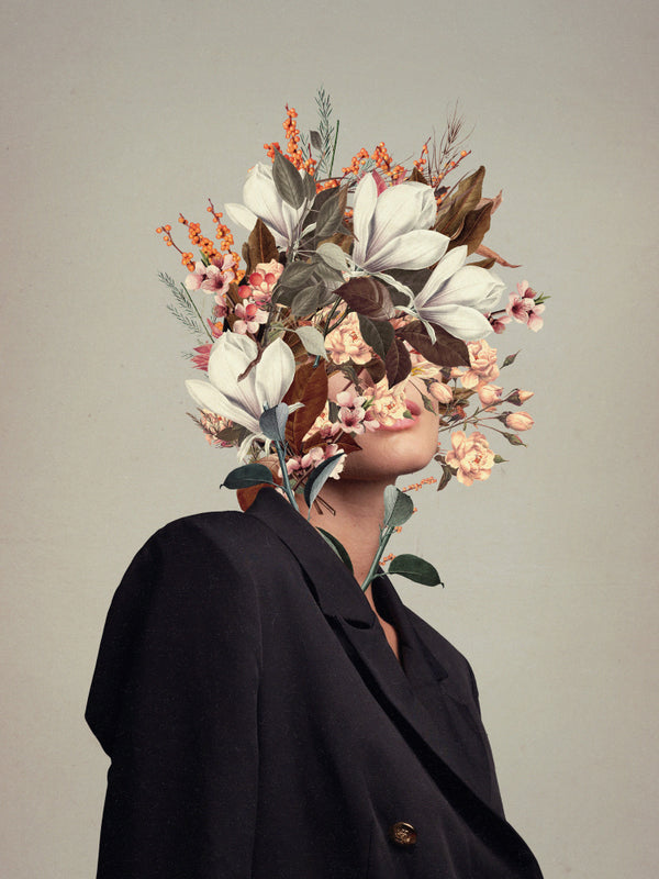 Surreal portrait of a person in a dark blazer with their face replaced by blooming autumn flowers and leaves.