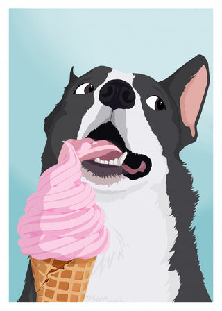 Illustration of a happy dog licking a pink ice cream cone, promoting Happy Dog Ice Cream - ByKammille.