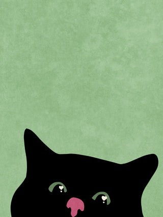 Illustration of a curious black cat with green eyes and pink nose against a light green background.