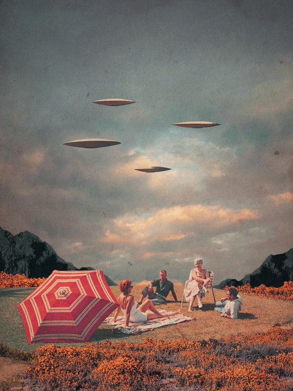 A vintage-style family picnic under UFOs in a surreal landscape, artwork for Pretend They Never Came.