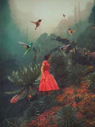 Surreal art of a woman in red dress standing in lush greenery with hummingbirds, from 20 Seconds Before the Rain.