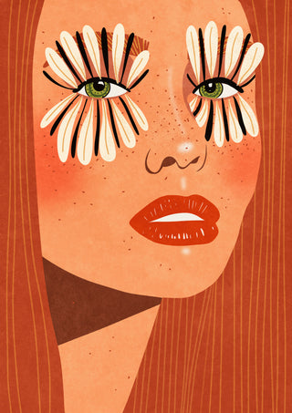 Illustration of a woman with green eyes and daisy petals as eyelashes, from Flower Eyes by Raissa Oltmanns.