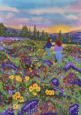 Two people walk through a vibrant wildflower field at sunset, inspired by "I show you something" by Raissa Oltmanns.