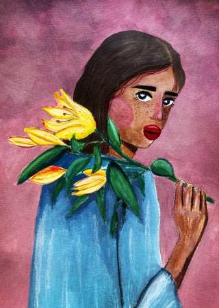 Painting of a woman in blue holding yellow lilies on her shoulder, against a purple background.