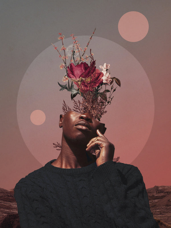Surreal portrait with flowers blooming from a man's head, set against geometric shapes and a dusky landscape.