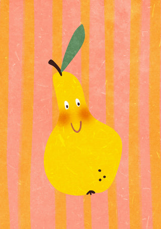 Illustrated yellow pear with a smiling face and leaf, on a pink and orange striped background.