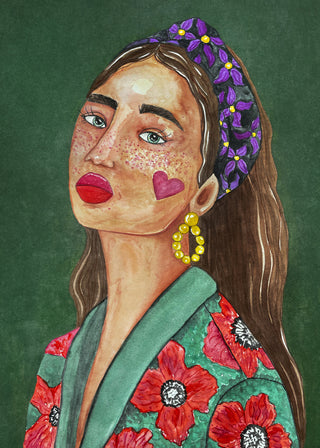 Portrait of a woman with long hair, floral hairband, heart on cheek, and flower-patterned clothing.