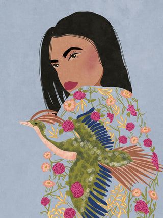 Illustration of a girl with dark hair and a crane, surrounded by floral patterns on a blue background.