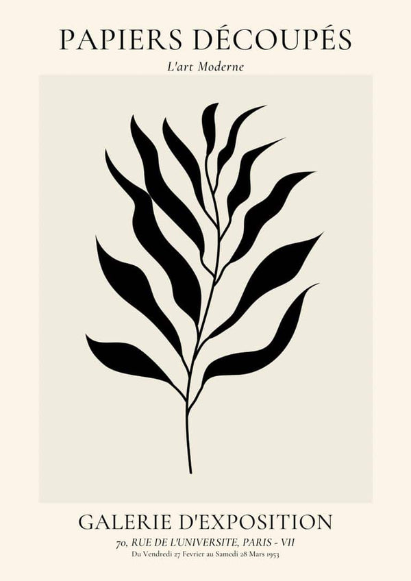 Minimalist black leaf illustration on cream background with French art-inspired text, perfect for modern wall decor.