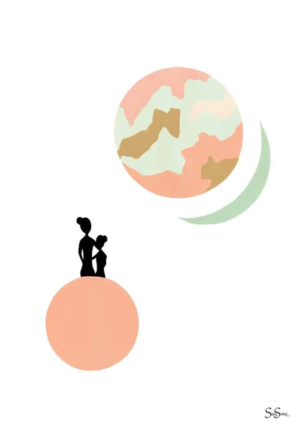 Minimalist art by Sara Sonne-Heldby of two figures on a peach planet with abstract planets above.