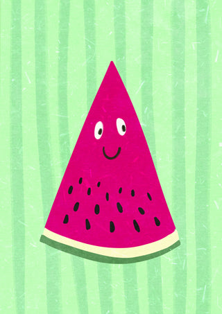 Illustration of a smiling watermelon slice with black seeds on a green striped background.