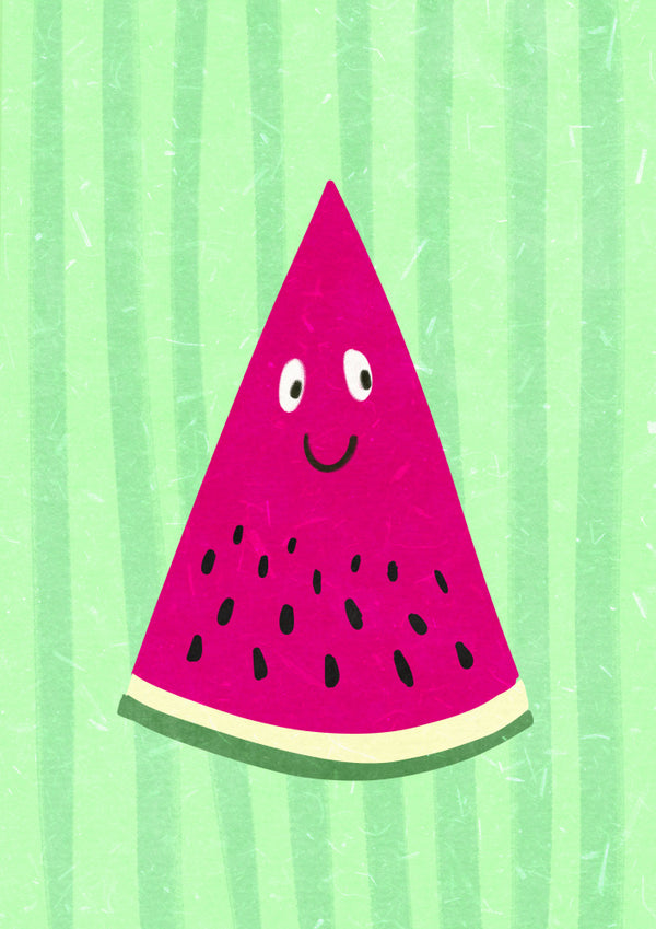 Illustration of a smiling watermelon slice with black seeds on a green striped background.