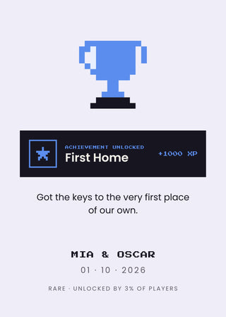 Achievement Unlocked personalised poster – a pixel trophy and an achievement banner with your own milestone, names and date (Lavender)