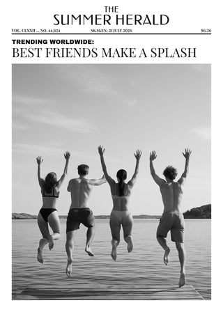 Personalised newspaper poster The Summer Herald - four friends jumping off a jetty under the headline Best Friends Make a Splash, Deco masthead on white paper