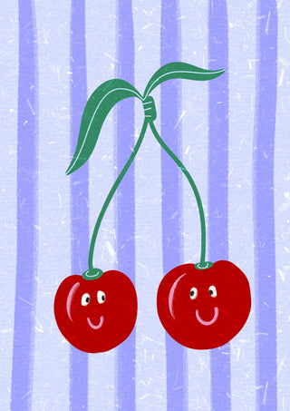 Two smiling cherries with green leaves on a blue and purple striped background.