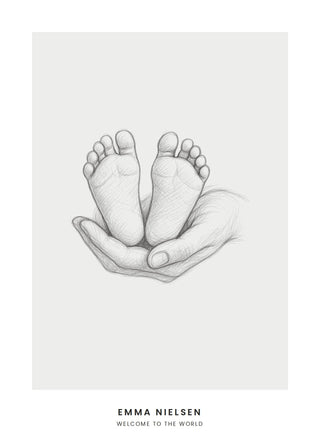 Personalised baby poster with a graphite drawing of baby feet held in a hand, grey, with the child's name