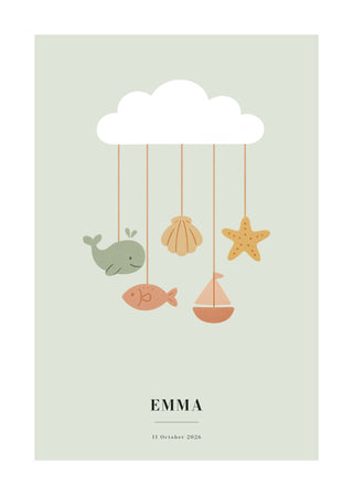 Personalised nursery poster with a white cloud and an ocean baby mobile on sage, with name and date