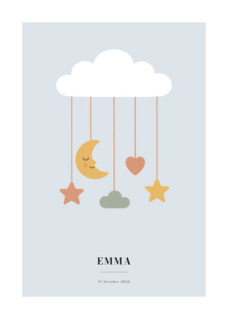 Personalised nursery poster with a white cloud and a night sky baby mobile on dusty blue, with name and date