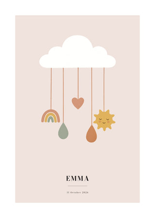 Personalised nursery poster with a white cloud and a rainbow baby mobile on dusty rose, with name and date
