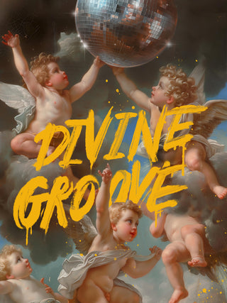 Four cherubs with wings reach toward a disco ball, overlaid with bold yellow text: "Divine Groove Dikhotomy."