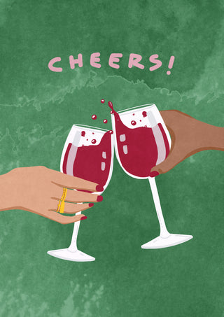 Illustration of two hands clinking wine glasses, with "CHEERS!" text above, for Cheers To Us by Raissa Oltmanns.
