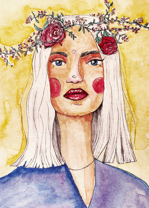 Watercolor portrait of a woman with white hair, red cheeks, and a flower wreath, by Raissa Oltmanns.