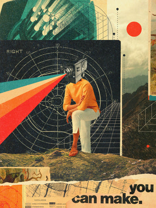 Surreal collage art with a person and vintage camera head, rainbow beams, geometric patterns; "You Can Make It Right" by Frank Moth.