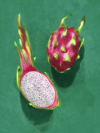 Watercolor illustration of two dragonfruits, one whole and one cut open to show white flesh with black seeds.