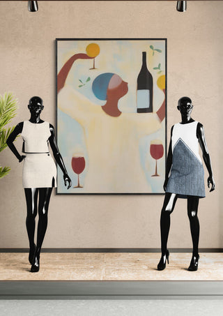 Two mannequins in stylish dresses stand beside a "Balancing Life - Martin Zen" artwork featuring wine.