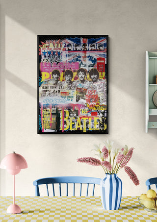 Beatles Novo art print by Ricardo Noble, colorful collage in a modern dining room setting above a table with flowers.