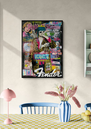 Kurt 2 by Ricardo Noble wall art featuring a colorful, graffiti-style portrait of a man with sunglasses.