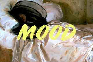 Painting of a woman resting on a bed, with "MOOD" in bold yellow text across the image.