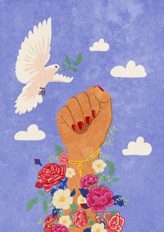 Illustration of a raised fist with red nails, surrounded by flowers, a flying dove, and clouds on a blue background.