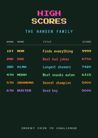 Family High Score personalised poster – an arcade high-score table with six family members and their funny titles (Forest)