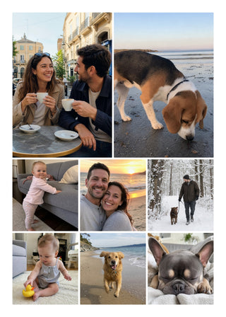 Family Collage with featured photo personalised poster – 8 family photos with two large featured photos, with a white border and fine white lines