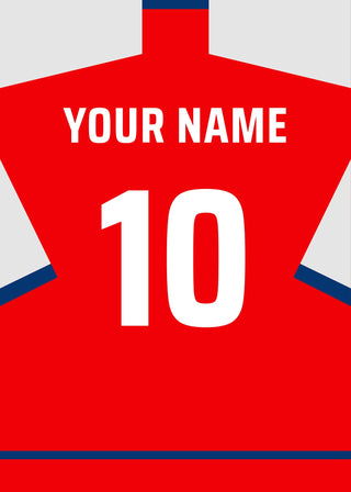Personalised football shirt poster in Arsenal colours – red shirt with white sleeves, name and number on the back