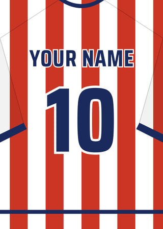 Personalised football shirt poster in Atlético Madrid's red and white stripes – a name and number on the back