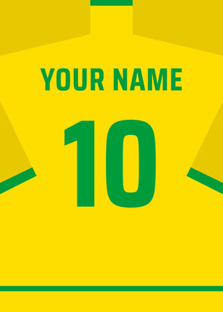 Personalised football shirt poster in Brazil's canary yellow with green lettering – a name and number on the back