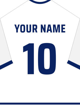 Personalised football shirt poster in England white with navy lettering – a name and number on the back