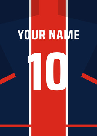 Personalised football shirt poster in PSG colours – navy with a red centre band, name and number on the back
