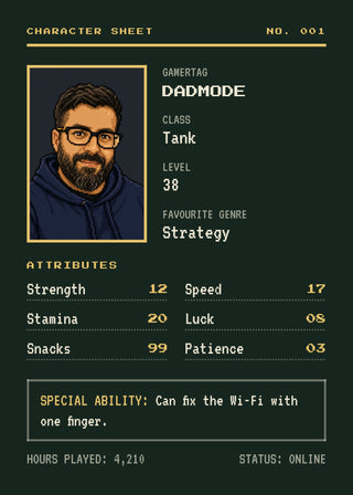 Gamer Character Sheet personalised poster – a retro pixel-art avatar drawn from a photo on an RPG character sheet with gamertag, class, level and stats (forest)