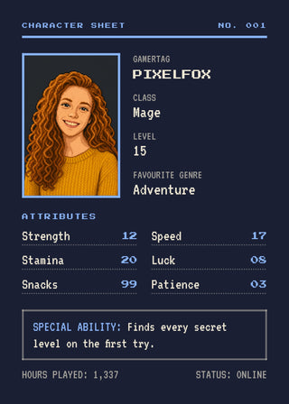 Gamer Character Sheet personalised poster – a retro pixel-art avatar drawn from a photo on an RPG character sheet with gamertag, class, level and stats (midnight)