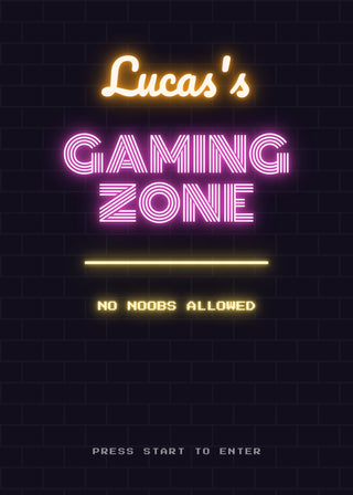 Gaming Zone personalised neon sign poster – the gamer's name and GAMING ZONE in glowing neon on a dark brick wall (Orange & Pink)