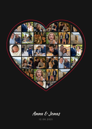 Heart Collage personalised poster – 30 photos in a heart with a red outline, on black