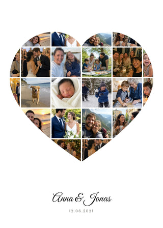 Heart Collage personalised poster – 22 photos in a heart-shaped mosaic with names and date, on white